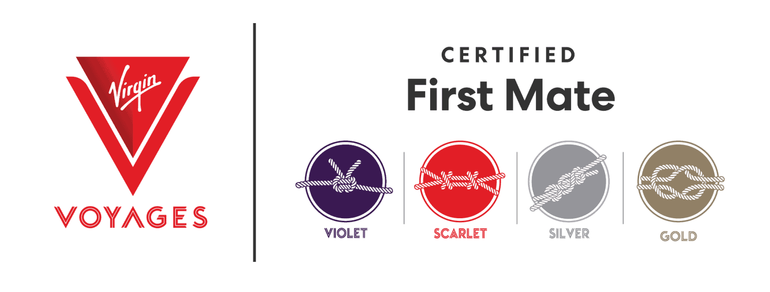 Virgin Voyages First Mates badge collection with four unique designs.