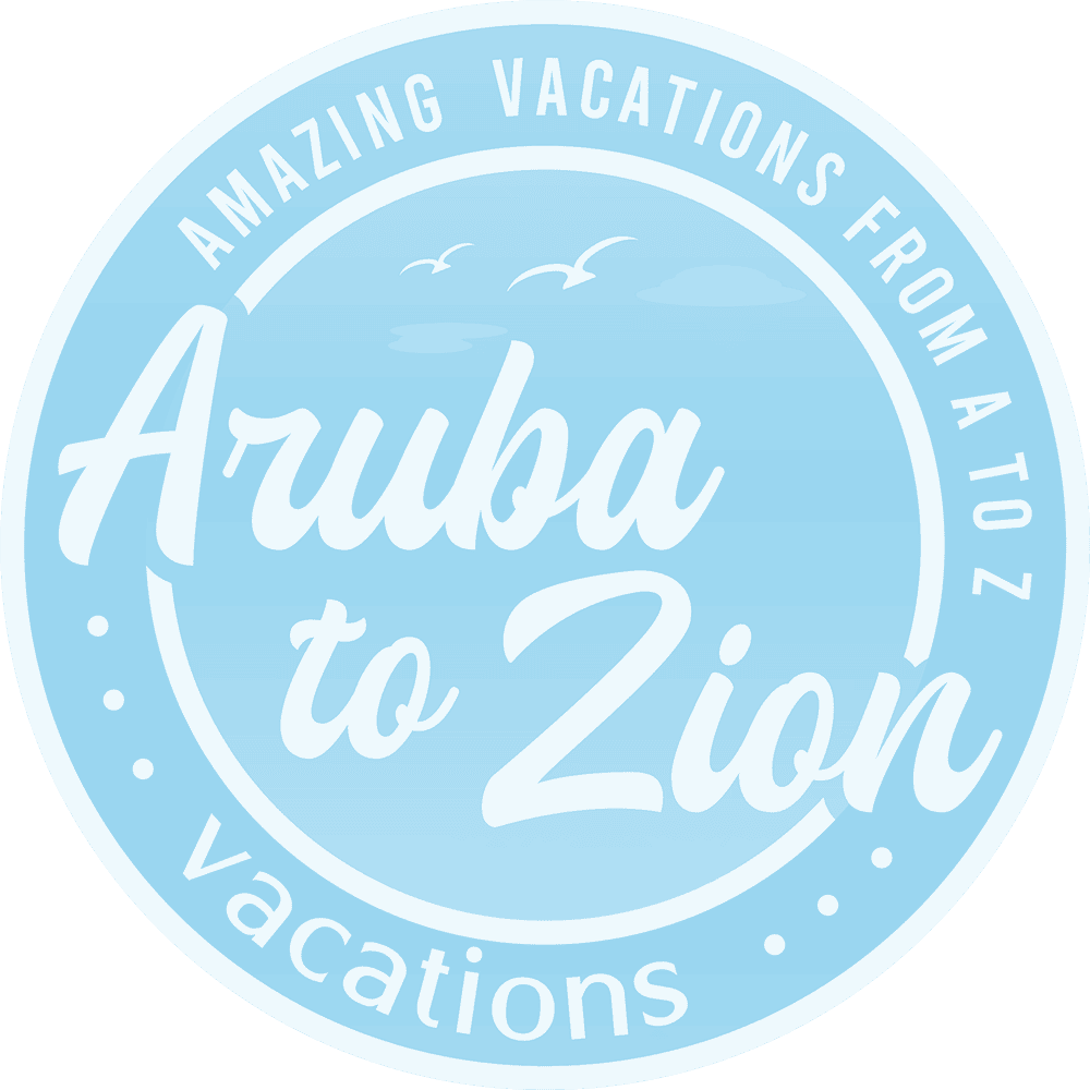 Aruba to Zion Vacations logo with travel theme and scenic background.