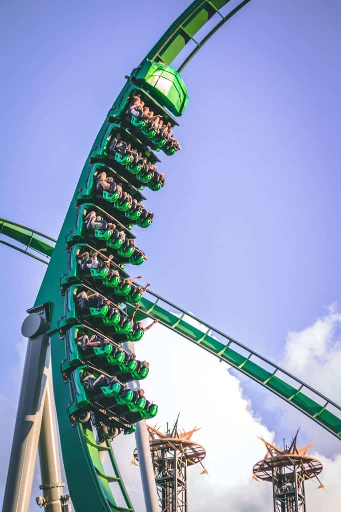 Thrilling roller coaster at an amusement park with a clear blue sky.