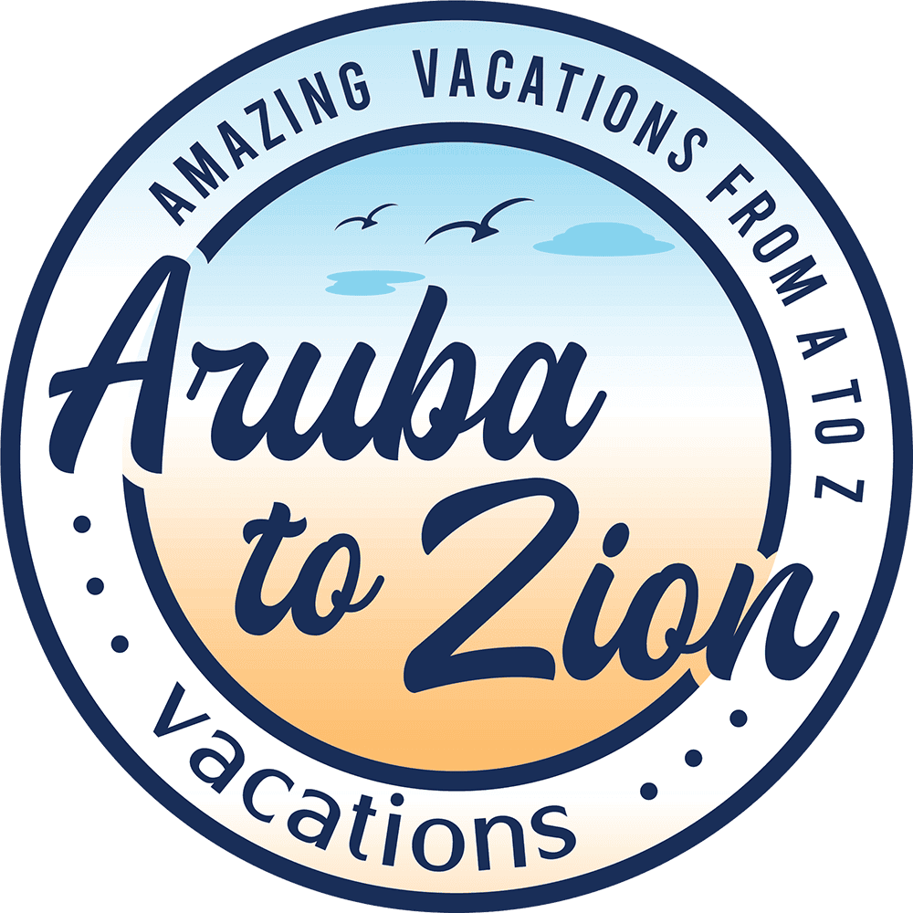 Logo for Aruba to Zion Vacations with travel theme and scenic sky.